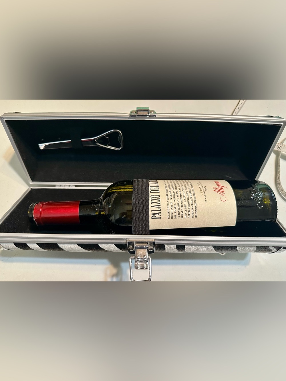 Zebra-Print Cylindrical Wine Carrier with Corkscrew (bottle not included)